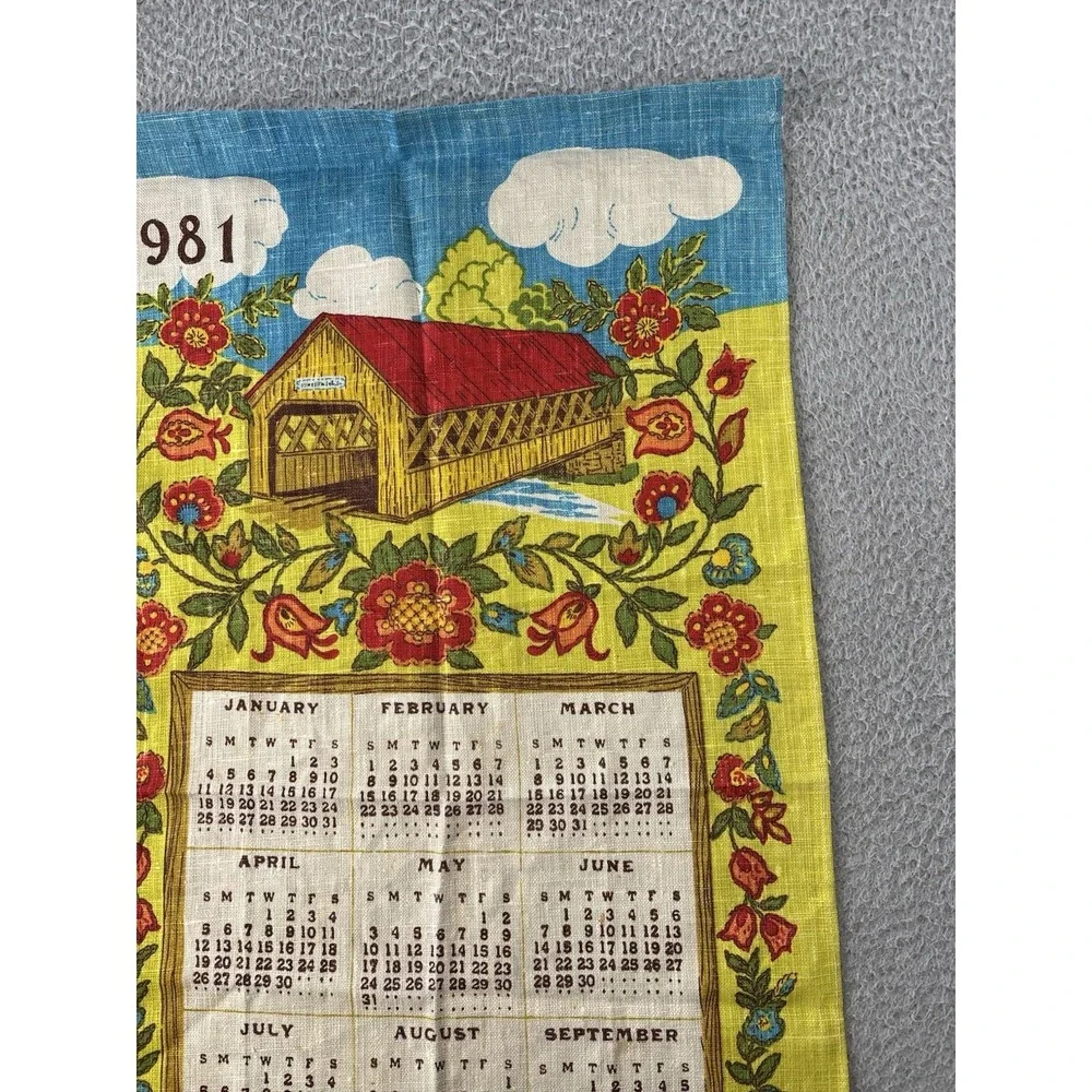Vintage 1981 Calendar Tea Towel 16x29 Country Cottagecore Floral